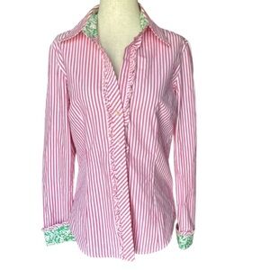 Lilly Pulitzer Pink and White Striped Ruffle Button Down